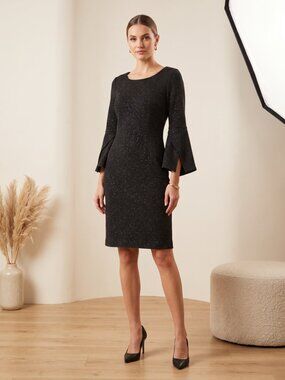 Luisa Cerano Black Sparkle Bell-Sleeve Sheath Dress